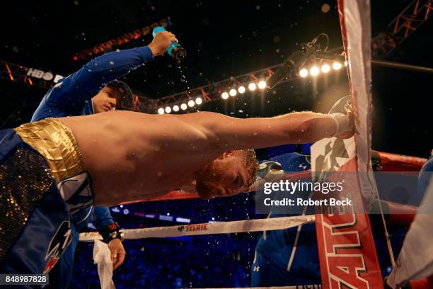 Middleweight Title: Canelo Alvarez being doused with water at his corner vs Gennady Golovkin during championship bout at T-Mobile Arena. Las Vegas,...