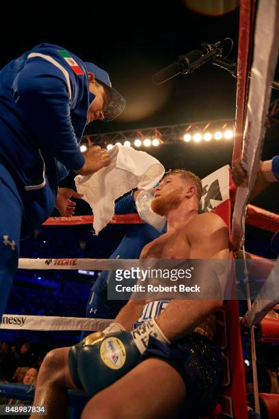 Middleweight Title: Canelo Alvarez sitting at his corner vs Gennady Golovkin during championship bout at T-Mobile Arena. Las Vegas, NV 9/16/2017...