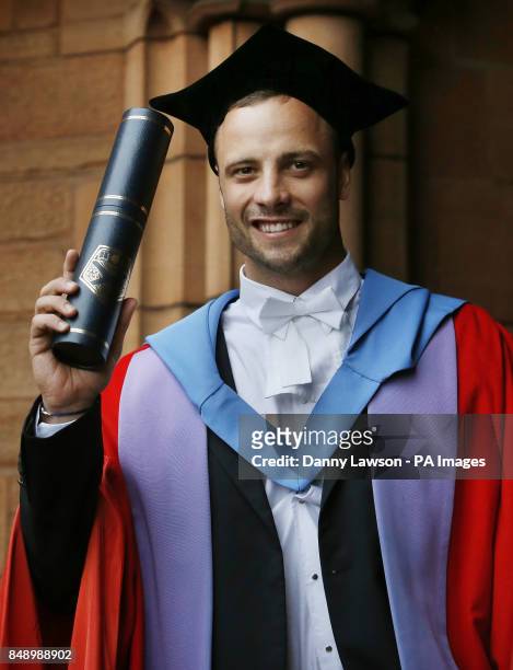 Oscar Pistorius who is nicknamed Blade Runner receives an honorary degree from the University of Strathclyde, at the Barony Hall in Glasgow, Scotland.