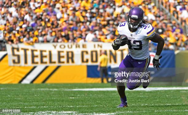 Dalvin Cook of the Minnesota Vikings rushes against the Pittsburgh Steelers in the second half during the game at Heinz Field on September 17, 2017...