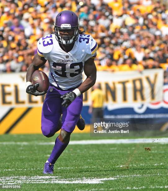 Dalvin Cook of the Minnesota Vikings rushes against the Pittsburgh Steelers in the second half during the game at Heinz Field on September 17, 2017...