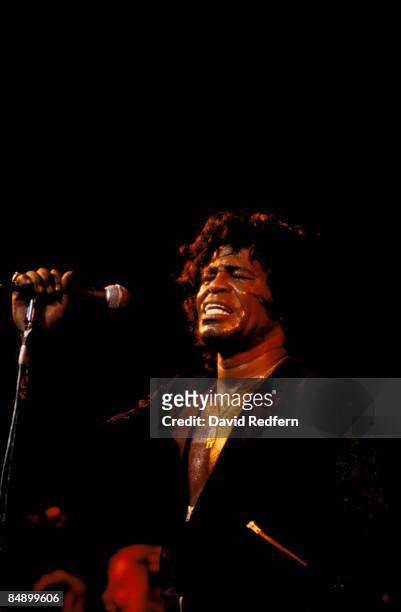 American soul singer and songwriter James Brown performs live on stage at the Midem music conference in Cannes, France in January 1981.