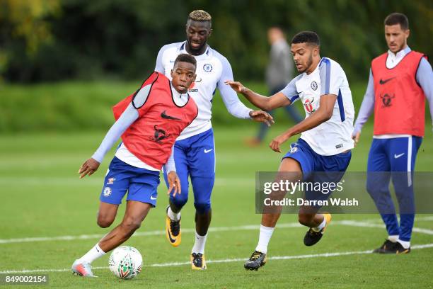 Charly Musonda and Jake Clarke-Salter of Chelsea during a training session at Chelsea Training Ground on September 18, 2017 in Cobham, England.