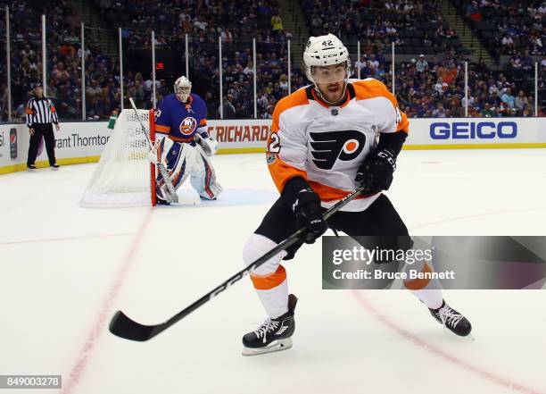 Cole Bardreau of the Philadelphia Flyers skates against the New York Islanders during a preseason game at the Nassau Veterans Memorial Coliseum on...