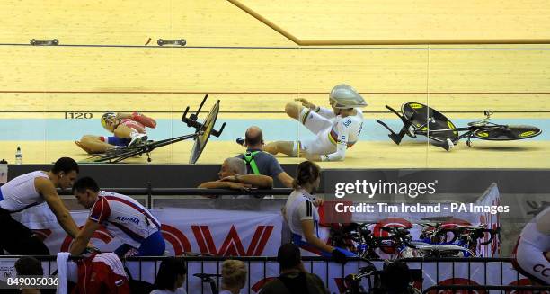 Great Britain's men's team pursuit squad crash out of qualifying during day one of the UCI Track Cycling World Cup at the Sir Chris Hoy Velodrome,...