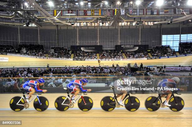 Great Britain's team pursuit squad of Andrew Tennant, Joseph Kelly,Samuel Harrison and Owain Doull before crashing out of qualifying during day one...