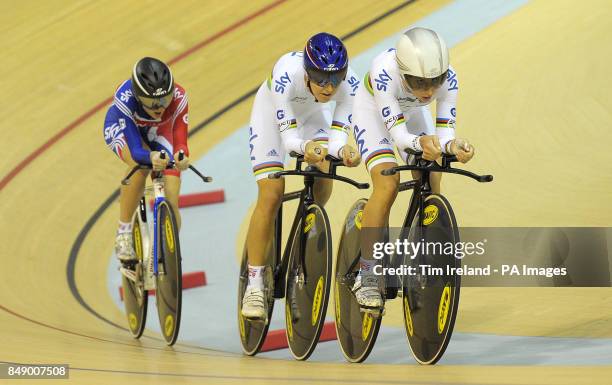 Great Britain's team pursuit squad of Laura Trott, Dani King and Elinor Barker in qualifying during day one of the UCI Track Cycling World Cup at the...
