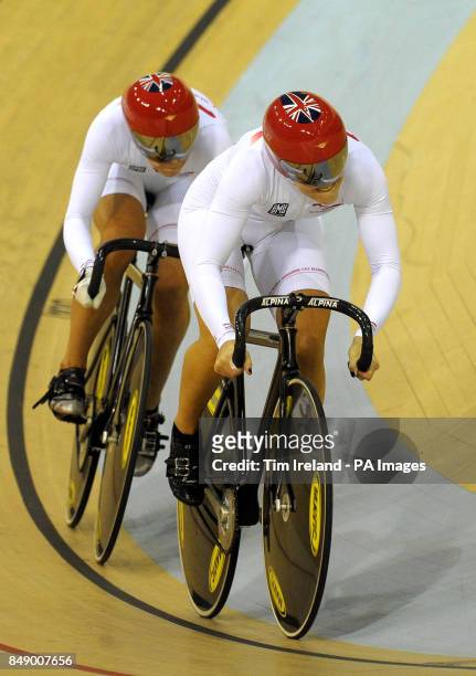 Great Britain's Jess Varnish and Becky James in qualifying during the team sprint during day one of the UCI Track Cycling World Cup at the Sir Chris...
