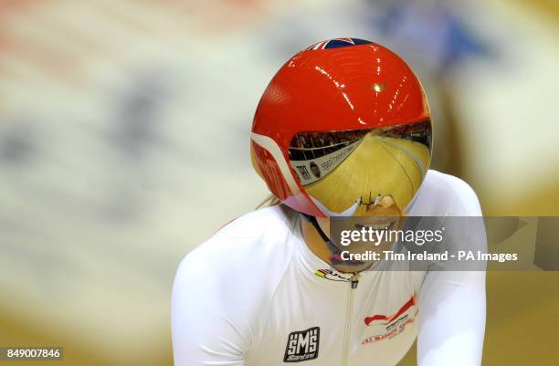 Great Britain's Becky James smiles after qualifying for the gold medal final during the team sprint during day one of the UCI Track Cycling World Cup...