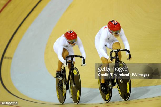 Great Britain's Jess Varnish and Becky James in qualifying during the team sprint during day one of the UCI Track Cycling World Cup at the Sir Chris...
