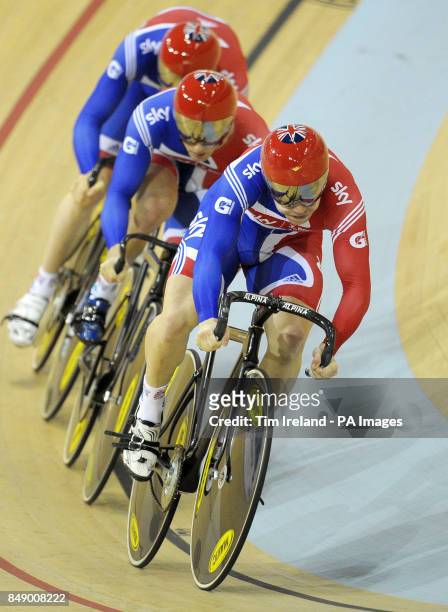 Great Britain's Jason Kenny , Philip Hindes and Ed Clancy in qualifying during the team sprint during day one of the UCI Track Cycling World Cup at...