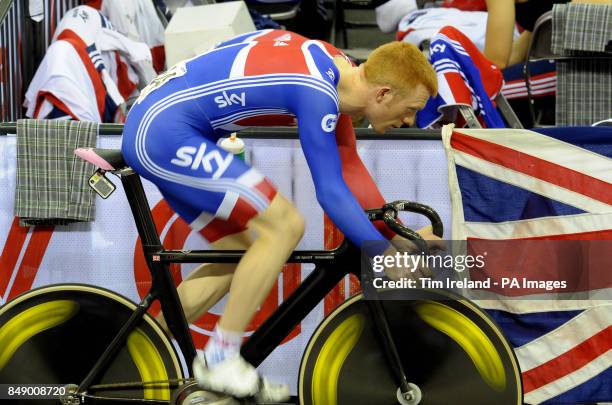 Great Britain's Ed Clancy warms up on rollers ahead of the team sprint qualifying during day one of the UCI Track Cycling World Cup at the Sir Chris...
