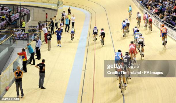 Riders and coaches in the omnium 30km points race during day one of the UCI Track Cycling World Cup at the Sir Chris Hoy Velodrome, Glagsow.