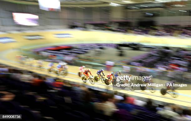 Riders during the Mens Omnium Round 11 30 Km Points Race during day one of the UCI Track Cycling World Cup at the Sir Chris Hoy Velodrome, Glagsow.