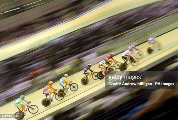 Riders during the Mens Omnium Round 11 30 Km Points Race during day one of the UCI Track Cycling World Cup at the Sir Chris Hoy Velodrome, Glagsow.