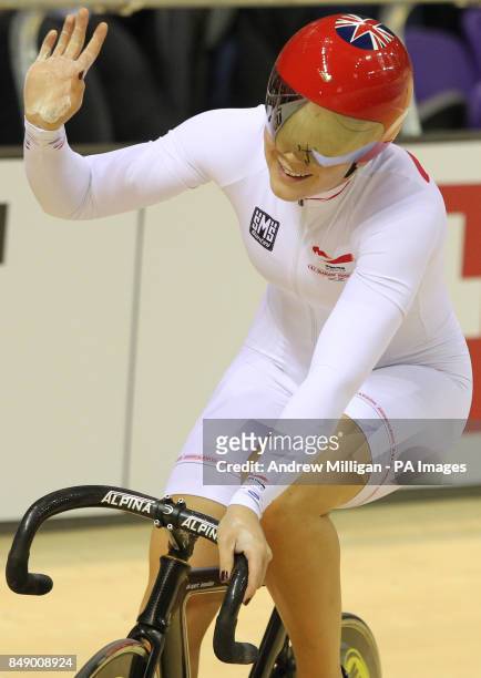Rebecca James celebrates winning the Womens Team Sprint final during day one of the UCI Track Cycling World Cup at the Sir Chris Hoy Velodrome,...