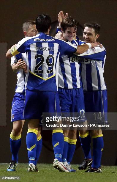 Kilmarnock's Cillian Sheridan celebrates his 2nd goal with team mates during the Clydesdale Bank Scottish Premier League match at Tannadice Park,...