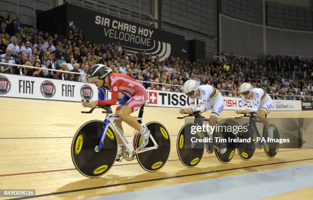 Great Britain's team pursuit squad of Laura Trott , Dani King and Elinor Barker ride to gold during day one of the UCI Track Cycling World Cup at the...