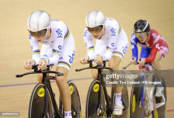 Great Britain's team pursuit squad of Laura Trott, Dani King and Elinor Barker ride to gold during day one of the UCI Track Cycling World Cup at the...