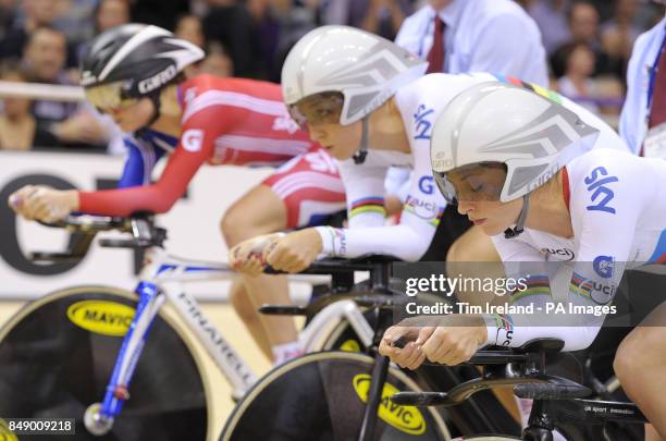 Great Britain's team pursuit squad of Elinor Barker, Dani King and Laura Trott prepare for their final during day one of the UCI Track Cycling World...