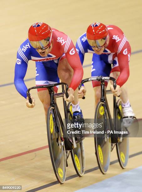 Great Britain's Jason Kenny and Ed Clancy ride to silver during the team sprint during day one of the UCI Track Cycling World Cup at the Sir Chris...