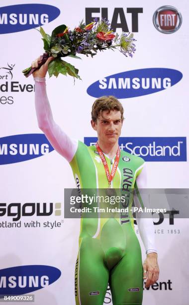 Ireland's Martyn Irvine with his silver medal for the scratch race during day one of the UCI Track Cycling World Cup at the Sir Chris Hoy Velodrome,...