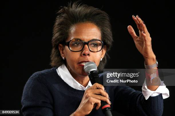 French journalist Audrey Pulvar takes part in a debate during the Festival of Humanity , a political event and music festival organised by the French...