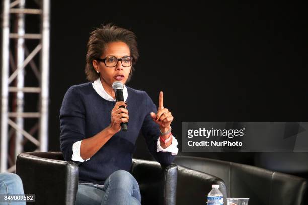 French journalist Audrey Pulvar takes part in a debate during the Festival of Humanity , a political event and music festival organised by the French...