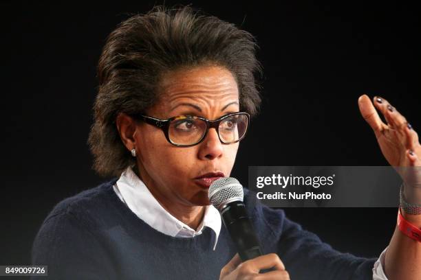 French journalist Audrey Pulvar takes part in a debate during the Festival of Humanity , a political event and music festival organised by the French...