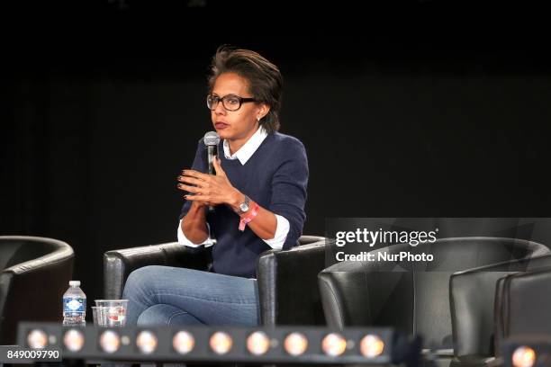 French journalist Audrey Pulvar takes part in a debate during the Festival of Humanity , a political event and music festival organised by the French...