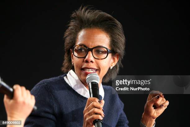 French journalist Audrey Pulvar takes part in a debate during the Festival of Humanity , a political event and music festival organised by the French...