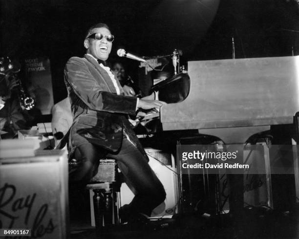 American singer, songwriter and pianist Ray Charles performs live on stage at the Yankee Stadium in New York during the 1972 Newport Jazz Festival on...
