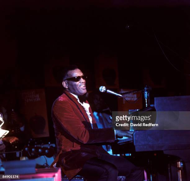 American singer, songwriter and pianist Ray Charles performs live on stage at the Yankee Stadium in New York during the 1972 Newport Jazz Festival on...