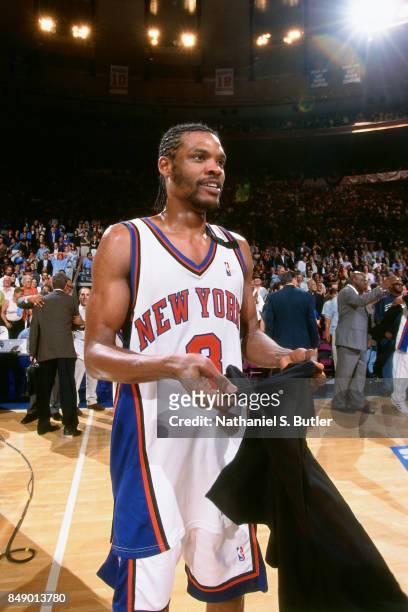 Latrell Sprewell of the New York Knicks celebrates against the Indiana Pacers during Game Six of the 1999 Eastern Conference Finals on June 11, 1999...
