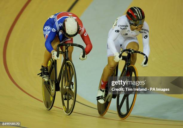 Great Britain's Becky James with Hong Kong's Wai Sze Lee in the Women's Sprint Bronze Medal Race 1 during the UCI Track Cycling World Cup at the Sir...