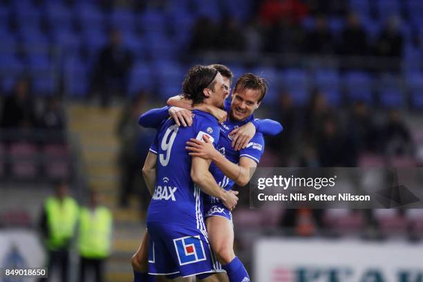 Linus Hallenius of GIF Sundsvall celebrates after scoring to 0-1 during the Allsvenskan match between Athletic FC Eskilstuna and GIF Sundsvall at...