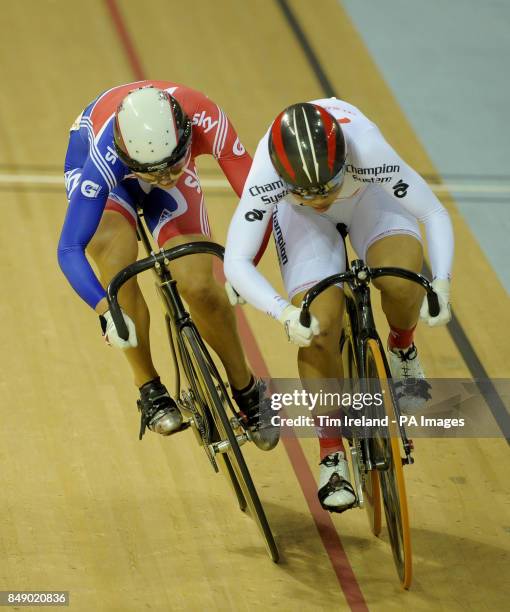 Great Britain's Becky James with Hong Kong's Wai Sze Lee in the Women's Sprint Bronze Medal Race 2 during the UCI Track Cycling World Cup at the Sir...