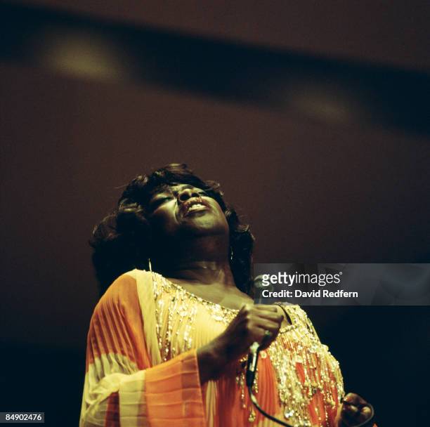 American jazz singer Sarah Vaughan performs live on stage during a concert in 1972.