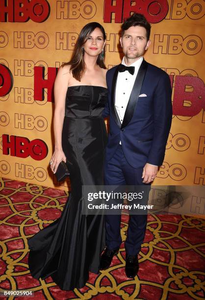 Naomi Scott and Adam Scott attend HBO's Post Emmy Awards Reception at The Plaza at the Pacific Design Center on September 17, 2017 in Los Angeles,...