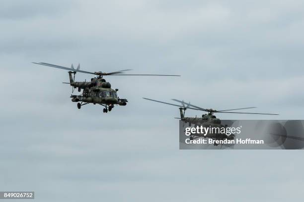 Helicopters take part in the Zapad 2017 military exercises at the Asipovichy military training ground on September 18, 2017 in in Asipovichy,...