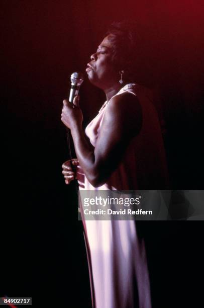 American jazz singer Sarah Vaughan performs live on stage at Hammersmith Odeon in London on 29th October 1967.