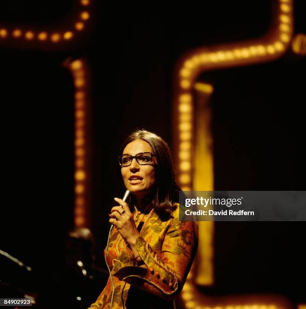 Greek singer Nana Mouskouri performs on her own BBC television show 'Nana Mouskouri' at BBC Television Centre in London circa 1973.