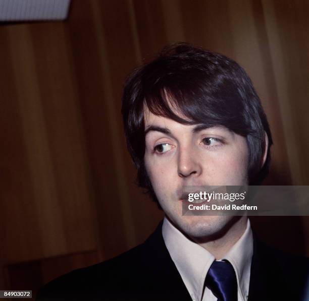 English musician and songwriter Paul McCartney of The Beatles attends a press conference to promote Leicester University's arts festival at the Royal...