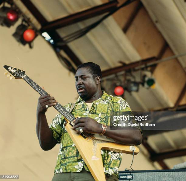 American blues guitarist and singer Albert King performing live playing Gibson Flying V guitar at Newport Jazz Festival, held in Newport, Rhode...