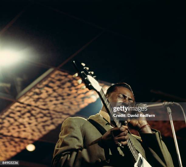 American singer and blues guitarist Albert King performs live on stage playing his Gibson Flying V guitar at Ronnie Scott's Jazz Club in Soho, London...