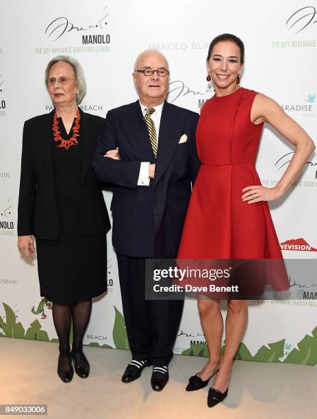 Evangeline Hulsebus, Manolo Blahnik and Kristina Blahnik attend the screening of "Manolo - The Boy Who Made Shoes For Lizards" during London Fashion...