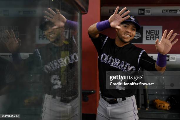 Alexi Amarista of the Colorado Rockies poses for the camera prior to the MLB game against the Arizona Diamondbacks at Chase Field on September 14,...