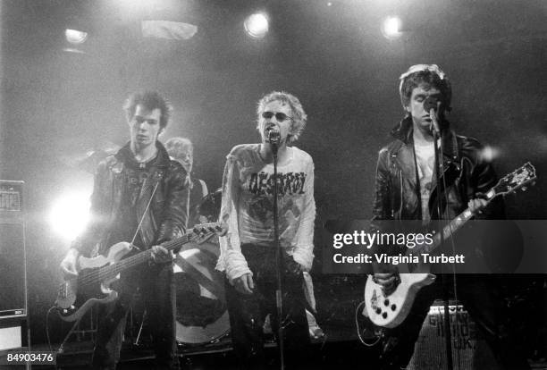 Photo of Paul COOK and SEX PISTOLS and Sid VICIOUS and Johnny ROTTEN; L-R: Sid Vicious, Paul Cook , Johnny Rotten , Steve Jones, performing on set of...