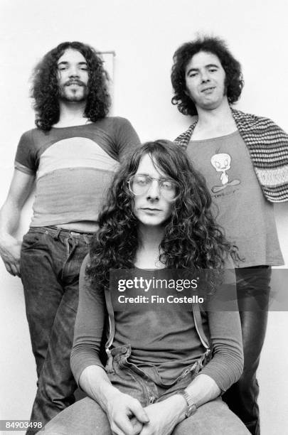 Photo of BUDGIE and Burke SHELLEY and Tony BOURGE and Ray PHILLIPS, Group portrait backstage L-R Ray Phillips, Burke Shelley and Tony Bourge