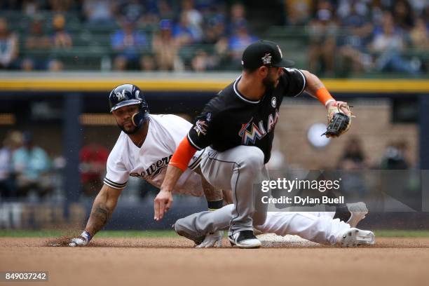 Jonathan Villar of the Milwaukee Brewers slides into second base for a double past Mike Aviles of the Miami Marlins in the eighth inning at Miller...